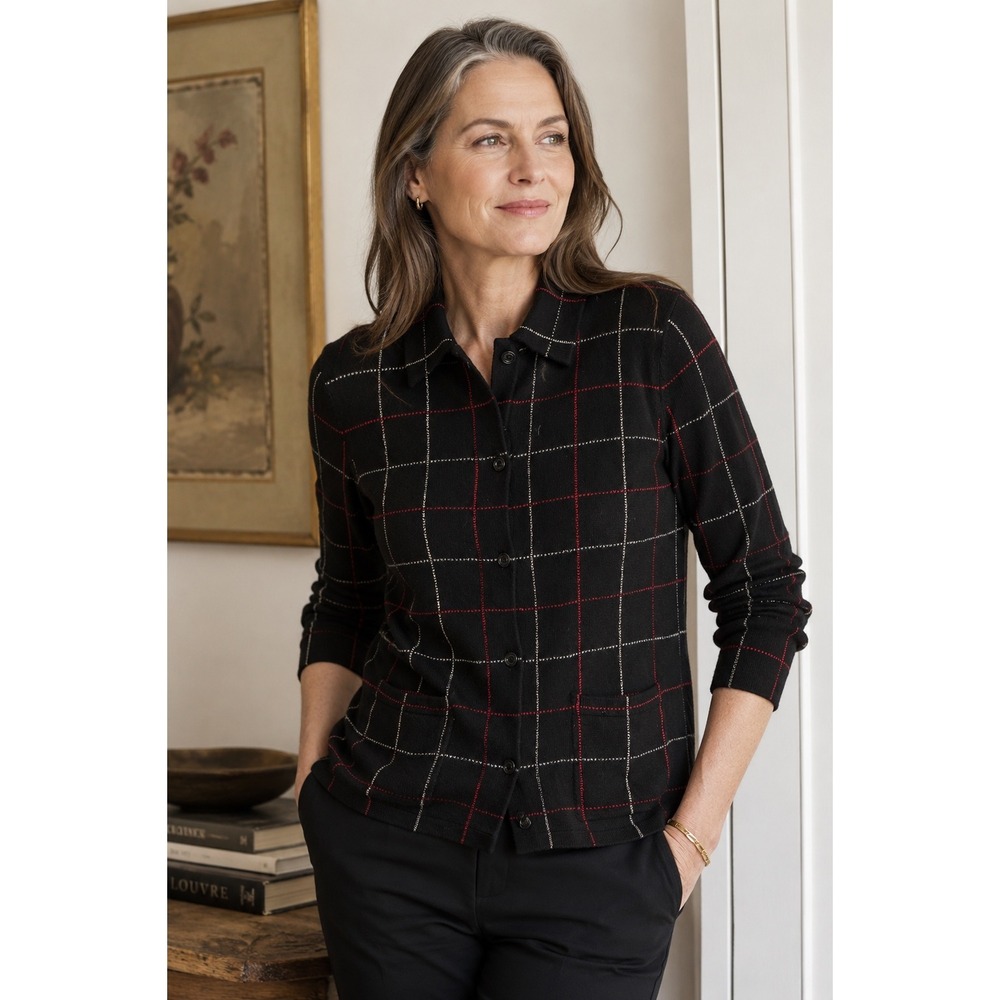 Lauren Ralph Lauren Cardigan Women's XL Black Plaid Lambswool Button Front